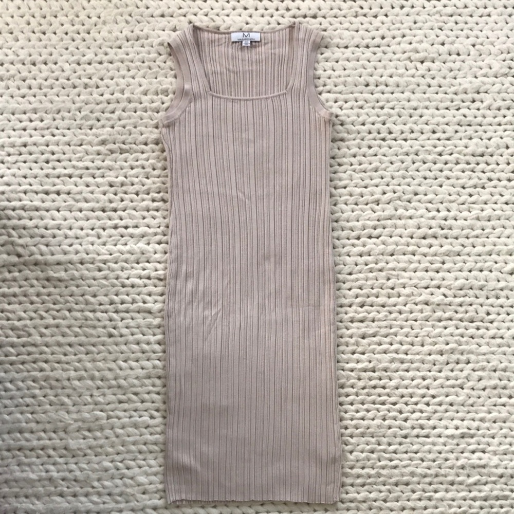Magaschoni Beige Ribbed Sheath Dress Square Neck Midi
